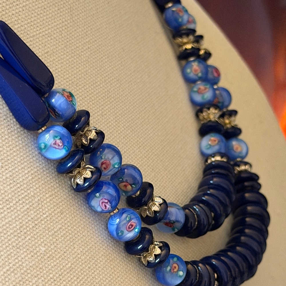 Vintage Venetian Blue Glass Beaded 2-Strand Necklace